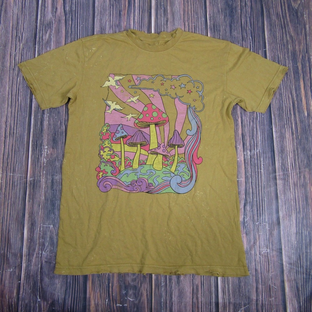 Psychedelic Mushroom Shirt Mens Small Olive Green Trippy American Highway